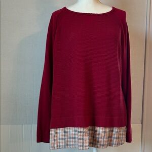 CJ Banks Womens Burgandy Knit Pullover Sweater W/Mock Plaid Undershirt   Sz 1X